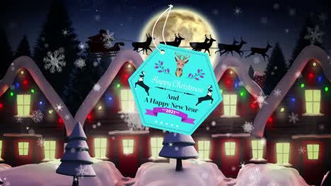 Textbanner-„Frohe-Weihnachten-Und-Ein-Glückliches-Neues-Jahr“,-Der-Vor-Schneeflocken-Hängt,-Die-über-Häuser-Fallen