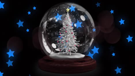 Red-shooting-star-over-christmas-tree-in-a-snow-globe-against-multiple-blue-stars-icons-floating