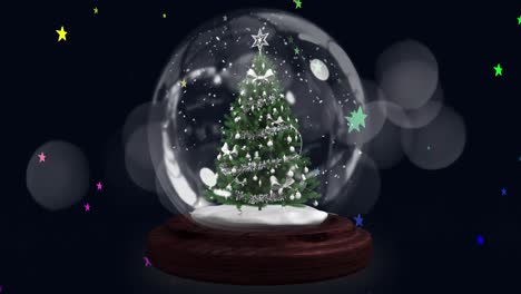 Blue-shooting-star-over-christmas-tree-in-a-snow-globe-against-multiple-colorful-stars-icons