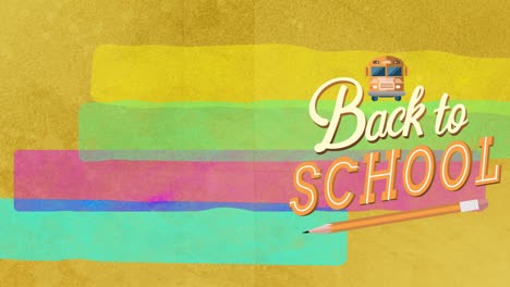 Animation-of-back-to-school-text-with-bus-and-pencil-bus-over-pastel-stripes,-on-yellow-background