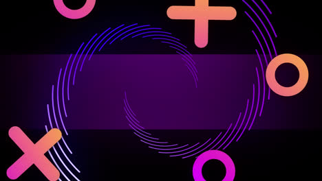 Animation-Von-Orangefarbenen-Und-Rosafarbenen-Kreuzen-Und-Ringen,-Mit-Violetter-Spirale-Auf-Schwarzem-Hintergrund
