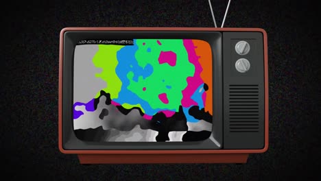 Animation-of-retro-tv-set-with-distorted-colour-bars-on-screen,-and-same-in-background