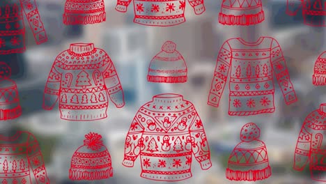 Weihnachtspullover--Und-Hutsymbole-Im-Nahtlosen-Muster-Mit-Blick-Auf-Das-Stadtbild