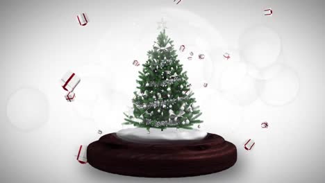Shooting-star-around-christmas-tree-in-a-snow-globe-against-christmas-gift-icons-on-grey-background
