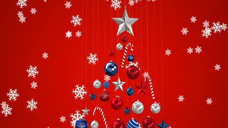 Animation-of-snow-falling-over-christmas-tree-and-decorations-on-red-background