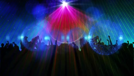 Blue-baubles-hanging-against-disco-lights-over-silhouettes-of-people-dancing