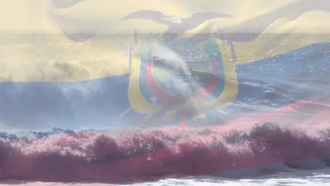 Composición-Digital-De-Ondear-La-Bandera-De-Ecuador-Contra-Las-Olas-En-El-Mar