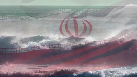Composición-Digital-De-Ondear-La-Bandera-De-Irán-Contra-Las-Olas-En-El-Mar