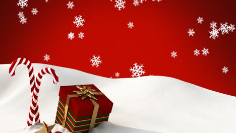 Animation-of-snow-falling-over-candy-canes-and-christmas-present-on-red-background