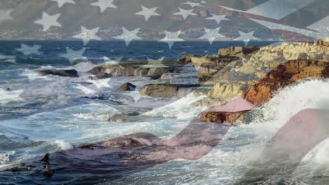 Digitale-Komposition-Der-Schwenkenden-US-Flagge-Gegen-Meereswellen,-Die-Auf-Die-Felsen-Schlagen