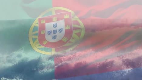 Composición-Digital-De-Ondear-La-Bandera-De-Portugal-Contra-Las-Olas-En-El-Mar