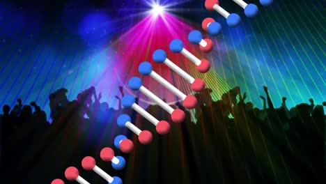Dna-structure-spinning-against-disco-lights-over-silhouette-of-people-dancing