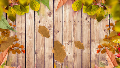 Animation-of-leaves-falling-over-wooden-boards-with-copy-space