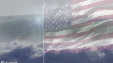 Animation-Der-Flagge-Der-USA,-Die-über-Eine-Welle-Im-Meer-Weht