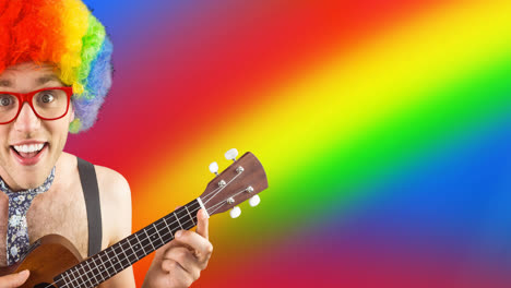 Animation-Eines-Geeks,-Der-Gitarre-Spielt-Und-Eine-Regenbogenfarbene-Perücke-über-Dem-Regenbogen-Trägt