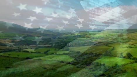 Digitale-Komposition-Der-Schwenkenden-US-Flagge-Vor-Der-Luftaufnahme-Des-Graslandes