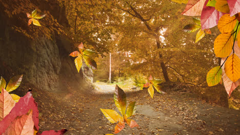Animation-of-leaves-falling-over-autumn-forest-scenery