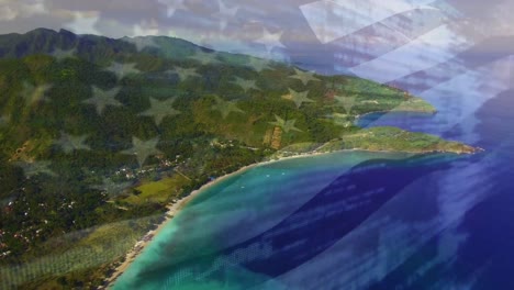 Digitale-Komposition-Der-Schwenkenden-US-Flagge-Vor-Der-Luftaufnahme-Einer-Insel