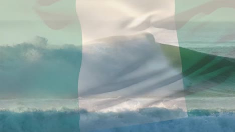 Composición-Digital-De-Ondear-La-Bandera-De-Nigeria-Contra-Las-Olas-En-El-Mar