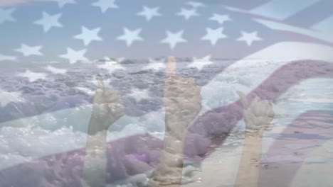 Animation-of-flag-of-usa-blowing-over-okay-hands-on-waves-in-sea