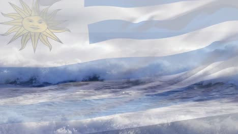 Composición-Digital-De-Ondear-La-Bandera-De-Uruguay-Contra-Las-Olas-En-El-Mar