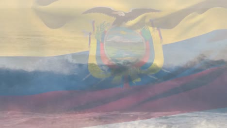 Composición-Digital-De-Ondear-La-Bandera-De-Ecuador-Contra-Las-Olas-En-El-Mar