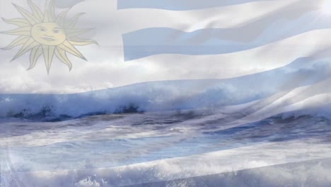 Composición-Digital-De-Ondear-La-Bandera-De-Uruguay-Contra-Las-Olas-En-El-Mar