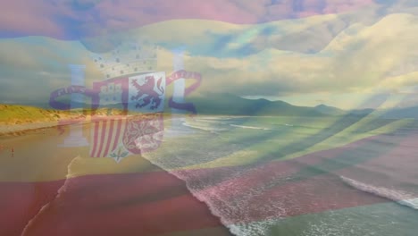 Digitale-Komposition-Der-Spanischen-Flagge,-Die-Vor-Der-Luftaufnahme-Der-Wellen-Im-Meer-Weht