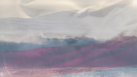 Digitale-Komposition-Der-Russischen-Flagge,-Die-Vor-Der-Luftaufnahme-Der-Wellen-Im-Meer-Weht