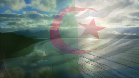 Digitale-Komposition:-Algerien-Flagge-Weht-Vor-Der-Luftaufnahme-Der-Wellen-Im-Meer