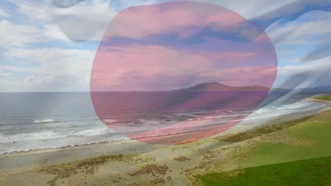 Digitale-Komposition-Der-Schwenkenden-Japanischen-Flagge-Vor-Der-Luftaufnahme-Der-Meereswellen