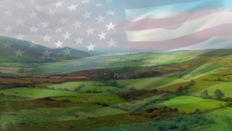 Digitale-Komposition-Der-Schwenkenden-US-Flagge-Vor-Der-Luftaufnahme-Von-Grasland