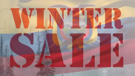 Animation-of-winter-sale-text-and-landscape-over-waving-flag-of-ecuador