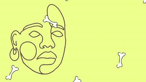 Animation-of-black-line-drawing-of-face-with-falling-bones-on-yellow-background