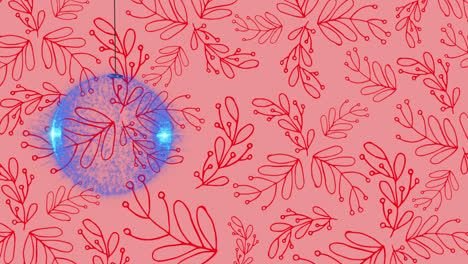 Animation-Einer-Weihnachtskugel-über-Einem-Mistelmuster-Auf-Rosa-Hintergrund