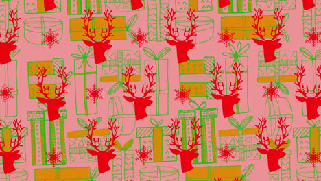Animation-of-christmas-reindeer-pattern-over-gifts-pattern-on-pink-background