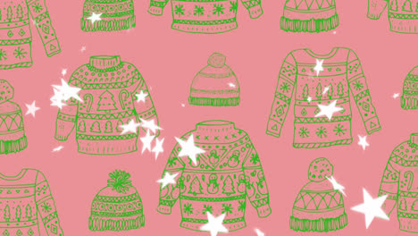 Animation-of-christmas-jumper-pattern-over-falling-stars-on-pink-background