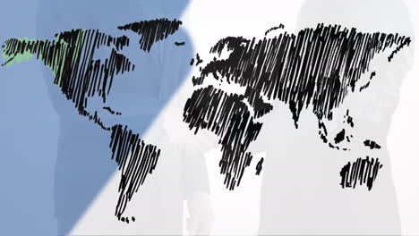 Animation-Der-Weltkarte-über-Dem-Händedruck-Eines-Geschäftsmannes