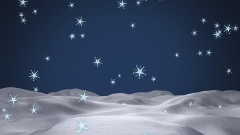 Animation-of-snowflakes-falling-over-snow-and-blue-background