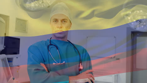 Animación-De-La-Bandera-De-Colombia-Ondeando-Sobre-Cirujanos-En-Quirófano