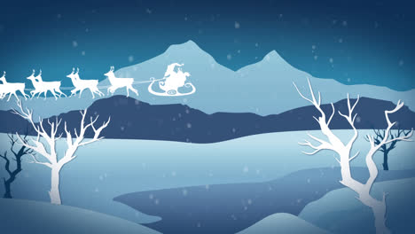 Animación-De-Santa-Claus-En-Trineo-Con-Renos-Sobre-Nieve-Cayendo-Y-Paisaje-Invernal