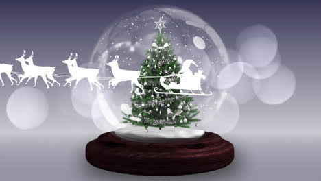Animation-of-santa-claus-in-sleigh-with-reindeer-over-snow-globe-on-grey-background