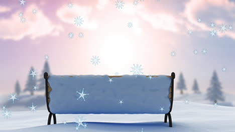 Animation-of-snow-falling-over-bench-covered-in-snow-in-winter-scenery