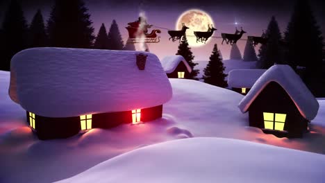 Animation-of-winter-landscape,-houses-and-santa-sleigh-seen-through-window