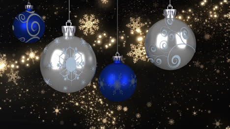 Animation-of-christmas-bubbles-over-stars-and-snow-on-black-background