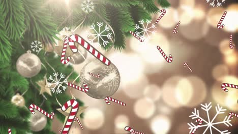 Animation-of-falling-christmas-cane-over-lights-and-snowflakes-on-silver-background