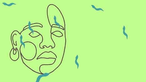 Animation-Des-Gesichts-Einer-Frau-über-Fallenden-Blauen-Formen-Auf-Grünem-Hintergrund