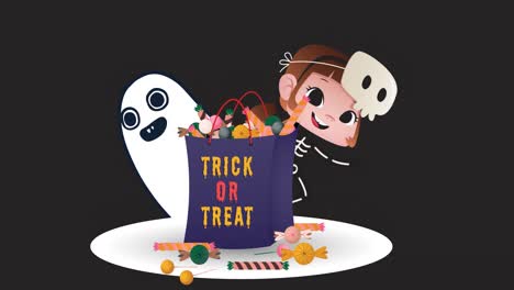 Animation-of-trick-or-treat-text-on-bag-with-candy-over-girl-and-ghost
