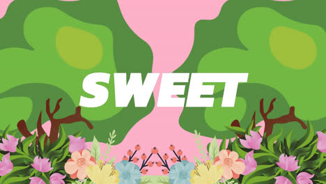 Animation-of-sweet-text-over-trees-and-flowers