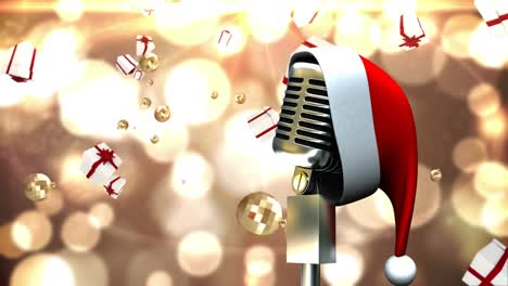 Animation-of-santa-hat-on-vintage-microphone-with-christmas-presents-falling